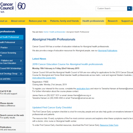 Aboriginal Health Professionals Webpage Cancer Council WA