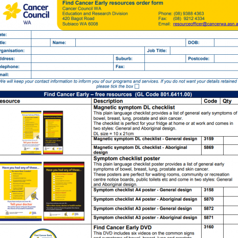 Find Cancer Early Resource Order Form